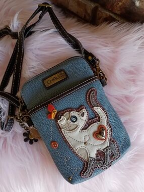 Chala Blue Cream Orange Cat Butterfly Vegan Leather Slim Phone Crossbody Bag